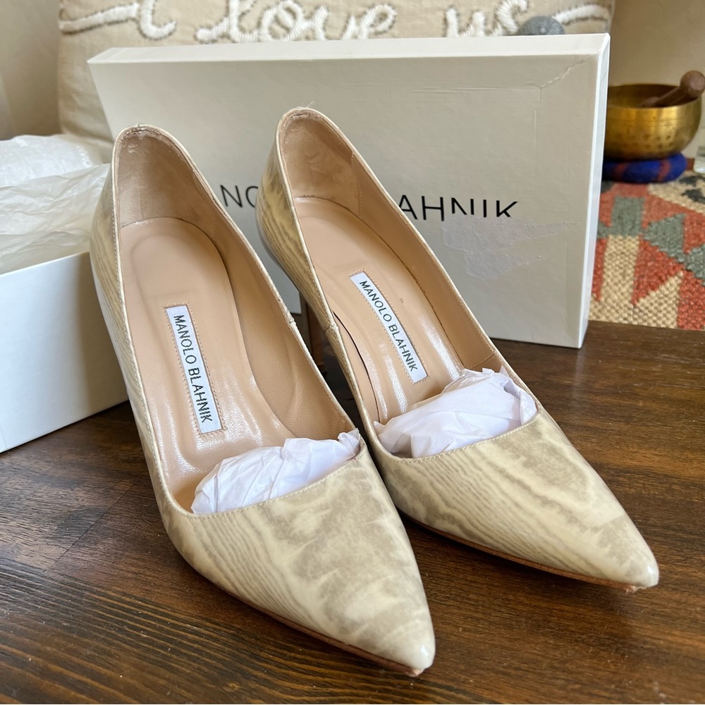 Manolo Blahnik BB 90 Beige Marble Print Patent Leather Pump Heels EU37.5 $820